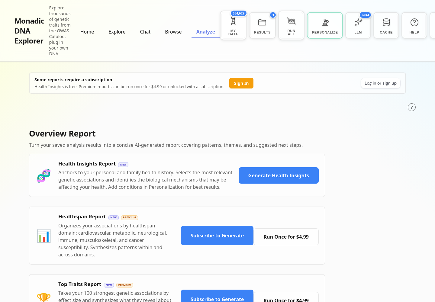Monadic DNA Explorer adds Healthspan reports, a Research mode for DNA Chat, and deeper ways to explore your results