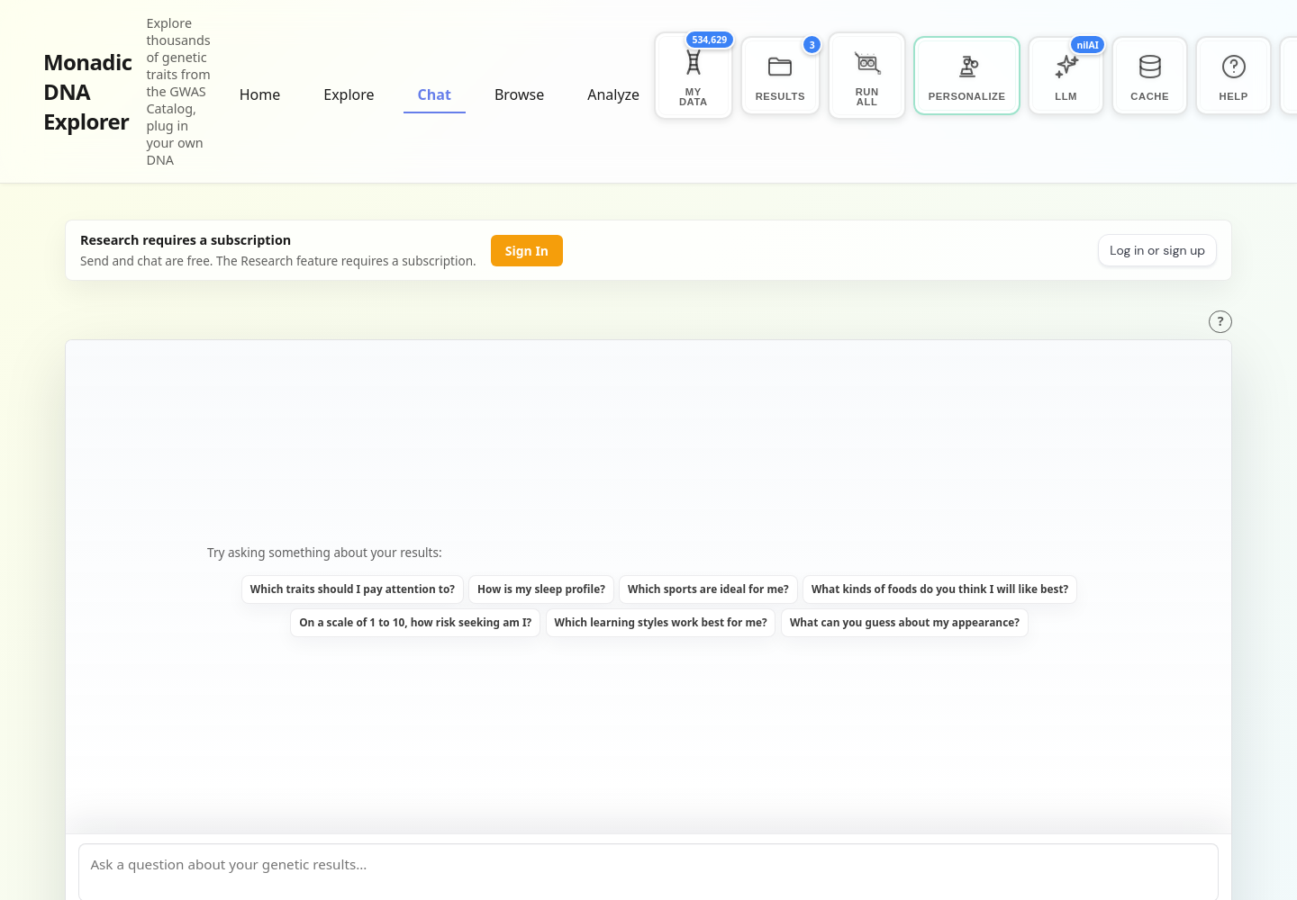Sending messages and chat are free; Research requires a subscription